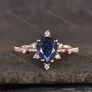 Vintage blue sandstone engagement ring Rose gold Pear shaped wedding ring Art deco dainty bridal anniversary Promise Ring for women