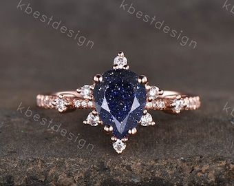 Vintage blue sandstone engagement ring Rose gold Pear shaped wedding ring Art deco dainty bridal anniversary Promise Ring for women