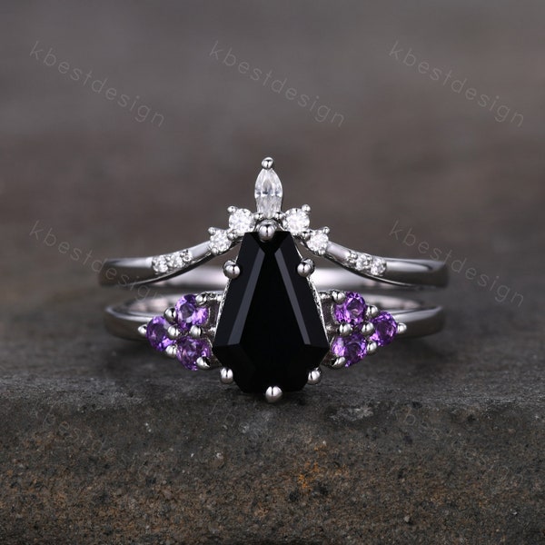 Sterling Silver Black Onyx Engagement Ring Set Unique Coffin Shaped Ring Art Deco Moissanite Curved Wedding Band Amethyst Cluster Ring