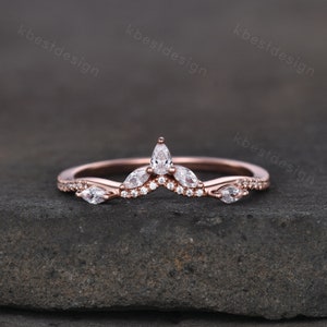 Marquise Moissanite wedding band Vintage rose gold stacking band Art deco floral wedding band Unique matching bridal ring Anniversary gift