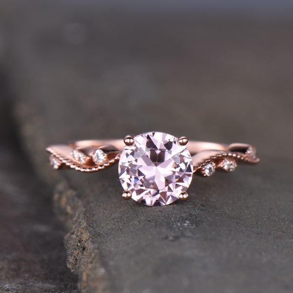 Morganite Engagement Ring, Pink Morganite Ring, Rose Gold Morganite Ring, Art Deco Band, Sterling Silver Ring, Promise Ring,Anniversary Gift