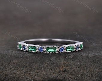 Art Deco Emerald sapphire wedding band silver baguette band women wedding ring May birthstone ring vintage stacking Anniversary gift