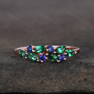 Emerald sapphire cluster wedding band Unique marquise cut emerald wedding band Vintage Moissanite ring Rose gold ring Anniversary gift