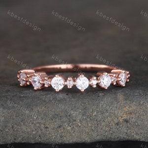 Vintage Rose gold wedding band women Round cut Half eternity band Unique Stacking Matching bridal ring Sterling Silver Diamond wedding ring