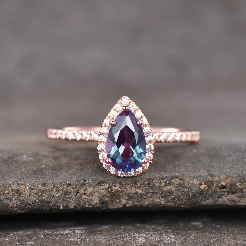 Alexandrite Ring, Dainty Ring, Pear Cut Alexandrite Engagement Ring, Halo Ring, June Birthstone Ring, Promise Ring, Gift For Her image 3