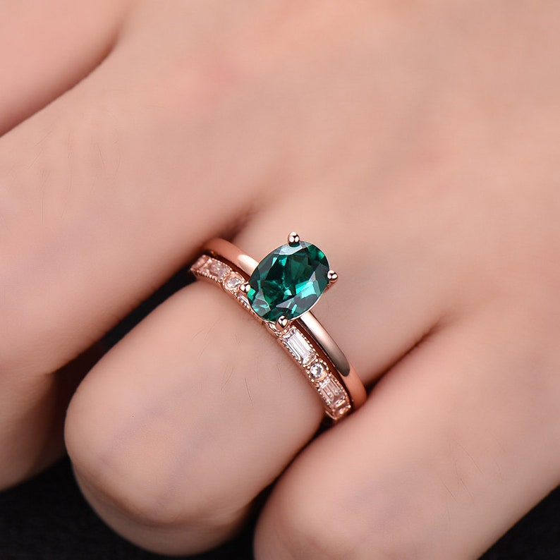 6x8mm Oval Emerald Engagement Ring Emerald Wedding Ring Set Etsy
