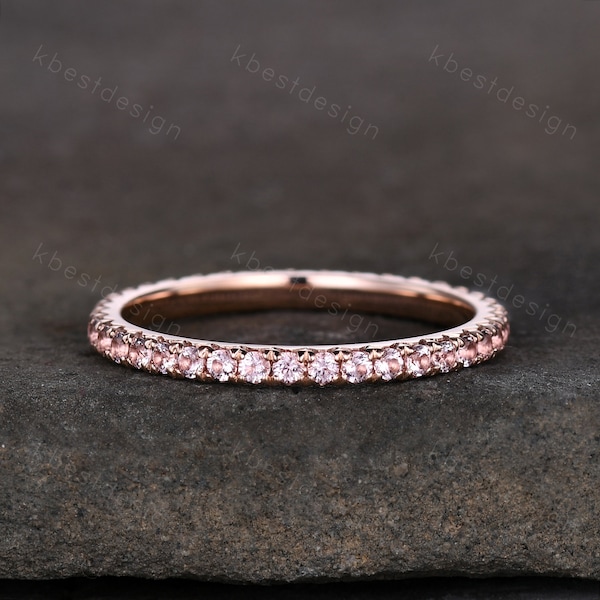 1.5mm Pink Morganite Wedding Band Delicate Rose Gold Eternity Band Mirco Pave Band for Women Minimalist Bridal Matching Stackable band