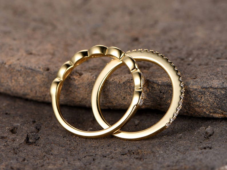 Art deco wedding bandSilver CZ wedding bandDiamond eternity bandstacking rings2PCS Matching bandHalf eternityYellow gold plated