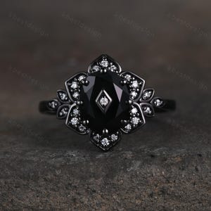 Antique black onyx engagement ring Black gold ring Art deco floral design moissanite wedding ring unique petal ring bridal promise ring