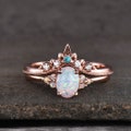 Opal Ring, Oval White Fire Opal Engagement Ring, Vintage Bridal Set Rose Gold, Promise Ring, Anniversary Birthday Gift for Her