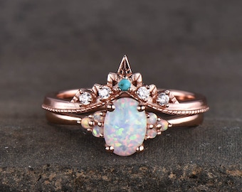 Opal Ring, Oval White Fire Opal Engagement Ring, Vintage Bridal Set Rose Gold, Promise Ring, Anniversary Birthday Gift for Her