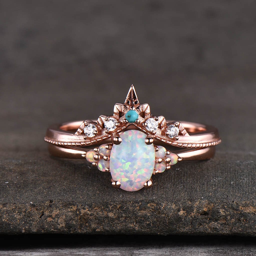 F&F Jewelry Fashion Round White Fire Opal Ring Vintage Jewelry for Women Wedding Bridal Rings