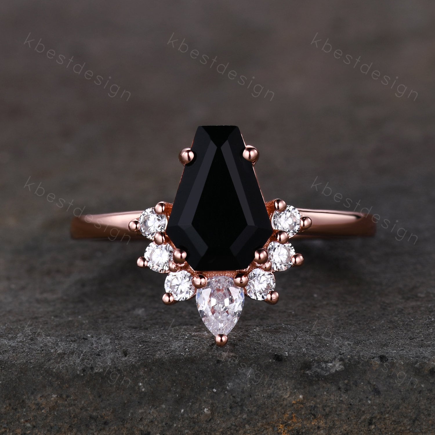 Black Onyx Engagement Ring Rose Gold Pear Moissanite ring Vintage coffin shaped ring Solitaire engagement ring Promise anniversary ring