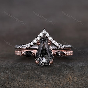 Coffin shaped black rutilated quartz engagement ring set unique curved Moissanite stacking band Rose gold vintage bridal wedding ring set