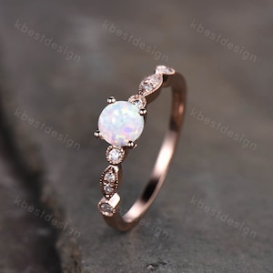 14K Rose Gold Opal Ring Round Cut White Opal Engagement Ring Unique Art Deco Moissanite Wedding Ring Delicate Ring Bridal Promise Ring