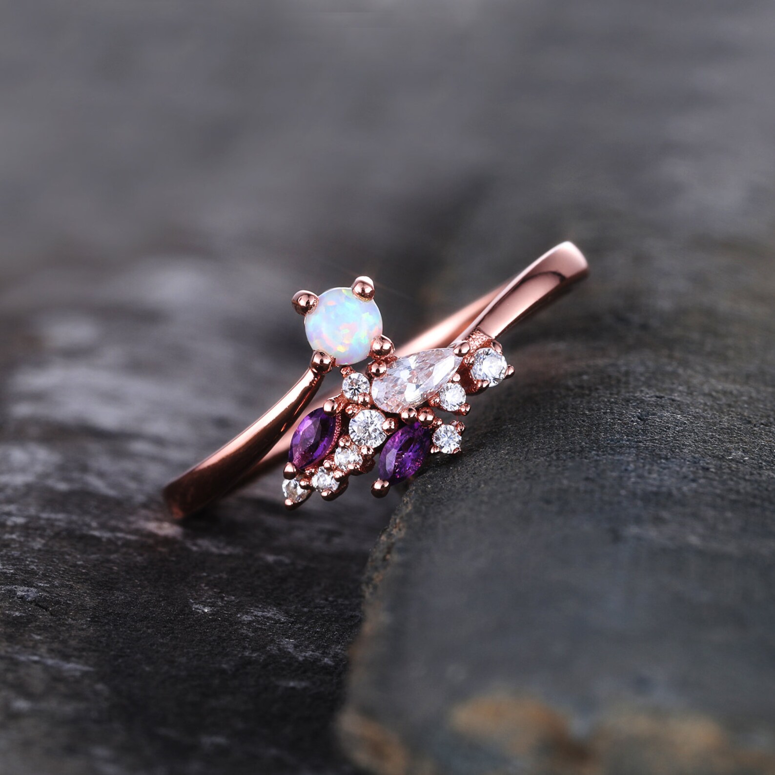 Unique Opal Wedding Ring Opal Amethyst Ring Rose Gold Opal | Etsy