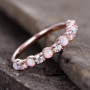 Opal Wedding Ring/Opal ring/Opal Wedding Band/Rose Gold Plated/Sterling Silver/CZ Diamond Enternity band/Vintage Opal Diamond Ring/ image 1