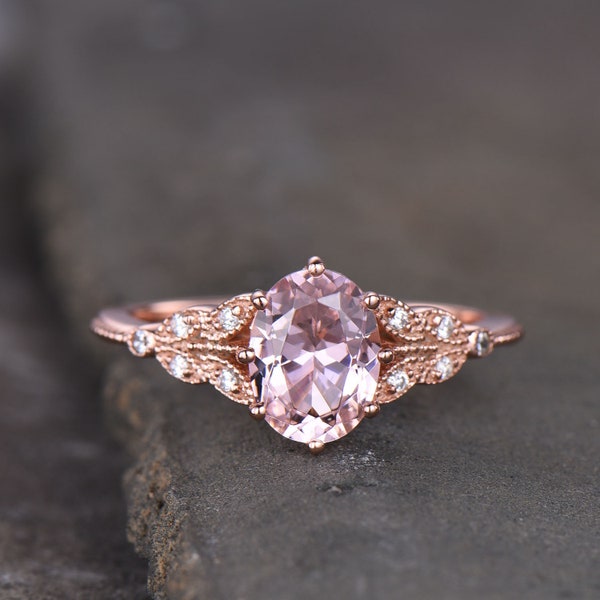 14K Rose Gold Morganite Engagement Ring Oval Morganite Ring Vintage Style Ring Art Deco Band Sterling Silver Ring Pink Gemstone Promise Ring