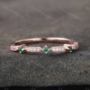 Art Deco Emerald Wedding Band, Rose Gold Emerald Stacking Band, Minimalist Ring, Simulated Diamond CZ Wedding Band Ring, Anniversary Ring