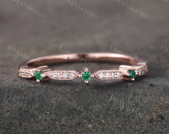 Art Deco Emerald Wedding Band, Rose Gold Emerald Stacking Band, Minimalist Ring, Simulated Diamond CZ Wedding Band Ring, Anniversary Ring