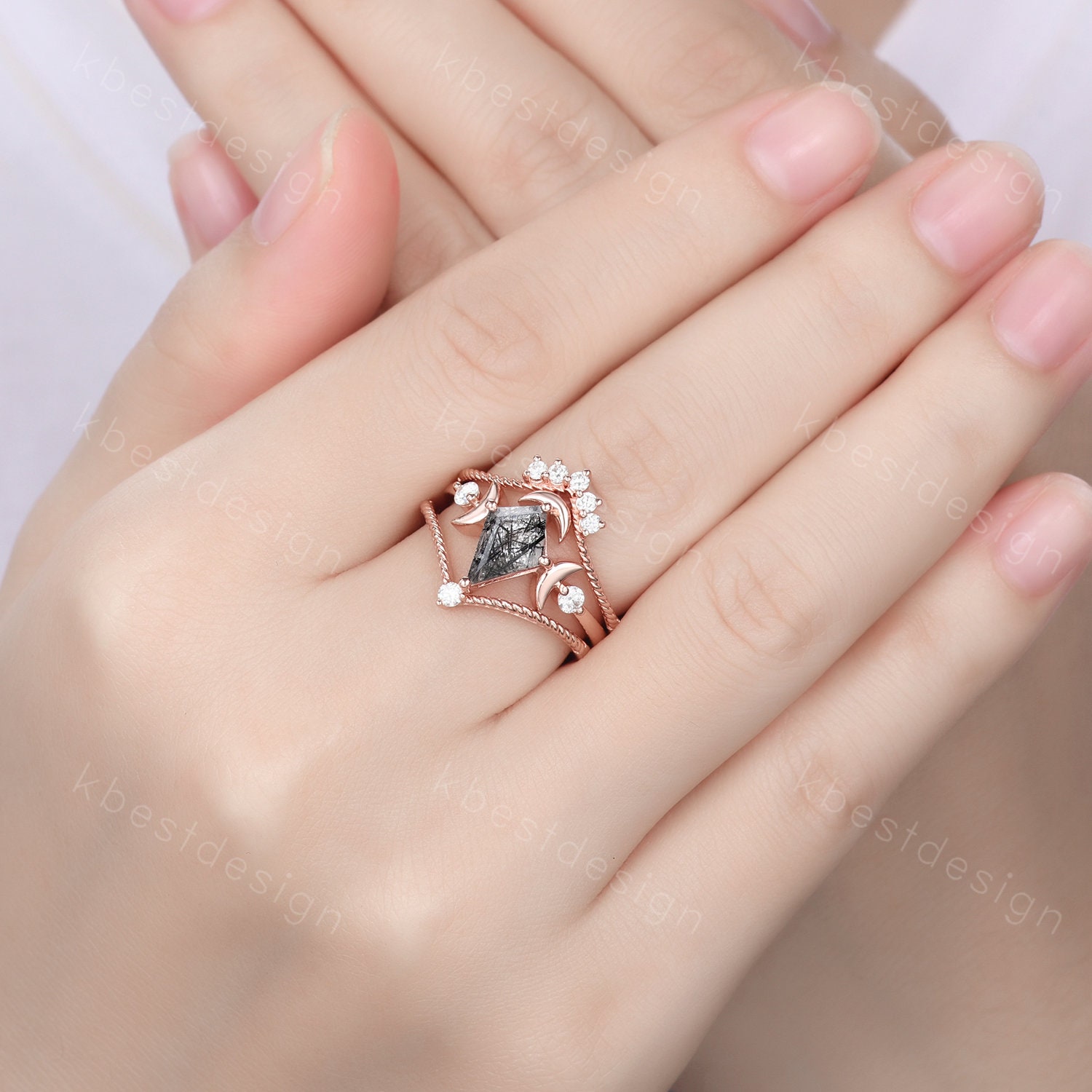Antique Black Rutilated Quartz Engagement Ring Unique Moon Antique Black Rutilated Quartz Engagement Ring Unique Moon