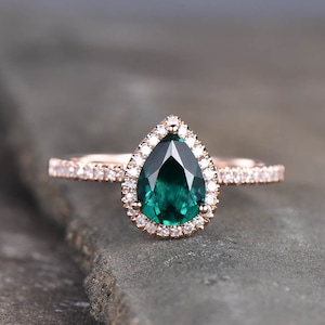 Emerald Ring, May Birthstone Ring, Pear Emerald Engagement Ring, Rose Gold Emerald Ring, Halo Ring, Promise Ring, Green Gemstone image 2