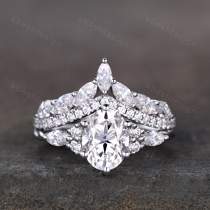 Oval cut moissanite engagement ring set vintage white gold Cluster engagement ring Marquise Art Deco Moissanite Wedding Ring Set Gift