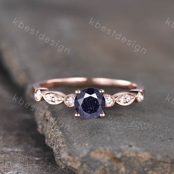 Blue sandstone engagement ring Round cut ring unique dainty wedding ring art deco bridal promise ring anniversary gift Rose gold