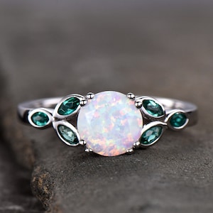 Opal Ring,Opal and Emerald Engagement Ring,Sterling Silver Ring,October Birthstone,Promise Ring, Gold Ring