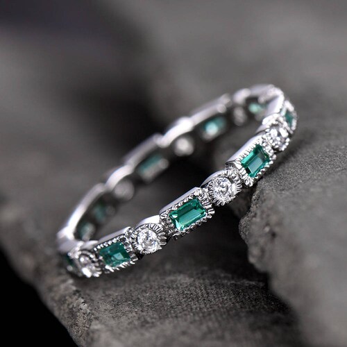 Ari Milgrain Design Emerald Wedding Band Sterling Silver - Etsy