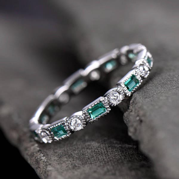 Emerald Wedding Band Art Deo Ring Eternity Baguette Emerald Wedding Band Anniversary Ring Sterling Silver Matching Band Milgrain