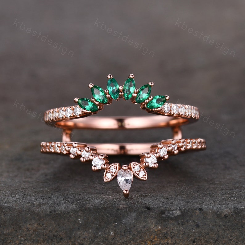 Double curved Moissanite/Emerald wedding band vintage Rose gold marquise emerald cluster band Half eternity stacking band Promise gift image 3