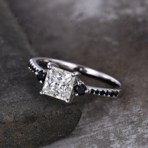 1.2ct princess cut Moissanite engagement ring vintage black spinel ring for women unique colorless moissanite bridal wedding ring