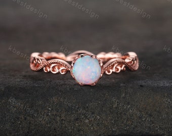 Opal Ring, Vintage Opal Engagement Ring, Round cut White Opal Ring, Rose Gold Opal Ring, Dainty Ring, October Birthstone, Promise Gift