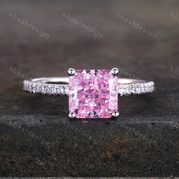 Simulated Pink Diamond Ring, Sterling Silver Ring, Engagement Ring, Square Cut Ring, Pink CZ Wedding Ring, Promise Ring, Anniversary Gift