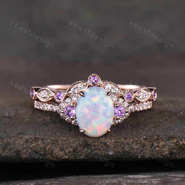 14K Rose Gold Opal Engagement Ring Set Vintage Oval Opal Amethyst Bridal Set Unique Curved Moissanite Wedding Ring Anniversary Promise Gift