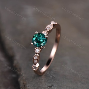 Art Deco Emerald Engagement Ring, Round Cut Emerald Ring, Unique Moissanite Wedding Ring, Rose Gold Emerald Ring, May Birthstone Ring