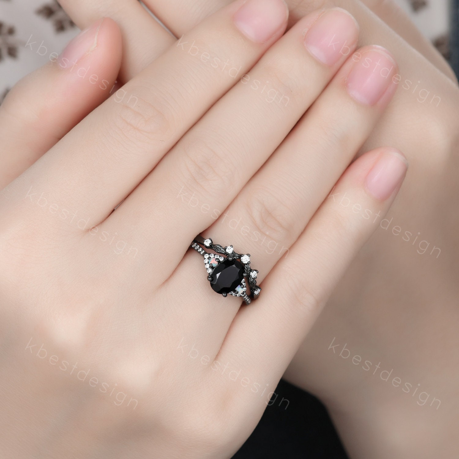 美しい Onyx Black Vintage Engagement Cut Oval Gold Black Set Ring 指輪・リング