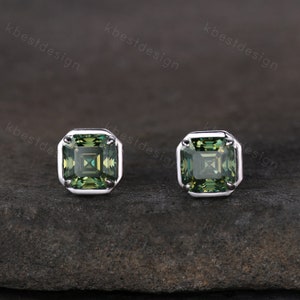 Green Moissanite Earrings / 14k Gold Moissanite Stud Earrings / Prong Setting Moissanite Studs / Asscher Moissanite Stud Earrings