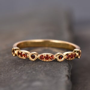 Red Garnet Wedding Band Art Deco Half Eternity Ring Sterling Silver Vintage Matching Band Milgrain Anniversary Gift