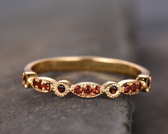 Red Garnet Wedding Band Art Deco Half Eternity Ring Sterling Silver Vintage Matching Band Milgrain Anniversary Gift