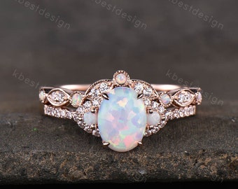 Vintage oval opal engagement ring 14k rose gold rings for women art deco curved moissanite stacking band unique bridal promise ring set