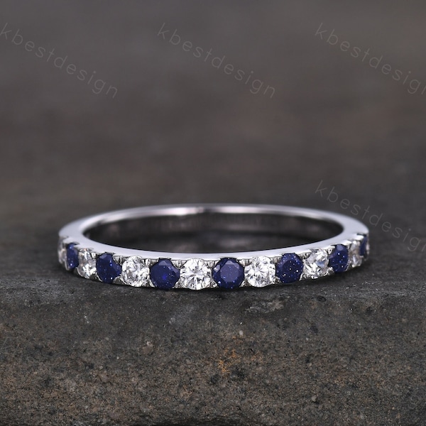 Blue Sandstone Wedding Band 2mm Half Eternity Band Moissanite Stacking Wedding Ring Pave Band Anniversary Ring Sterling Silver Ring