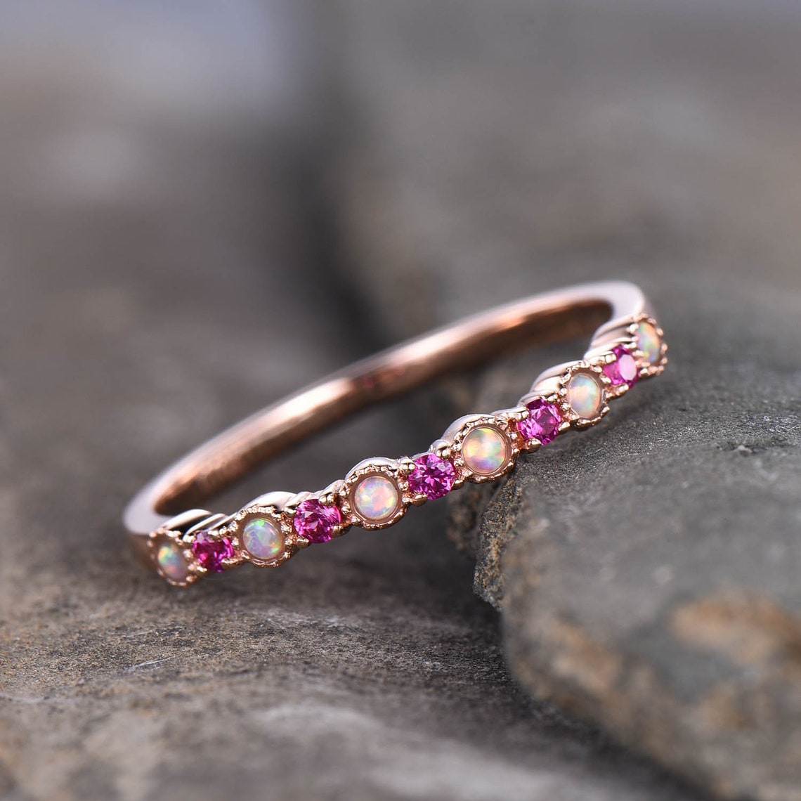 Opal Ruby Wedding Ring Rose Gold Dainty Opal Ring July Etsy