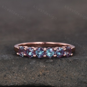 Hexagon cut Alexandrite wedding ring Unique rose gold wedding band 6-stone ring Minimalist Bridal matching stackable band June Birthstone