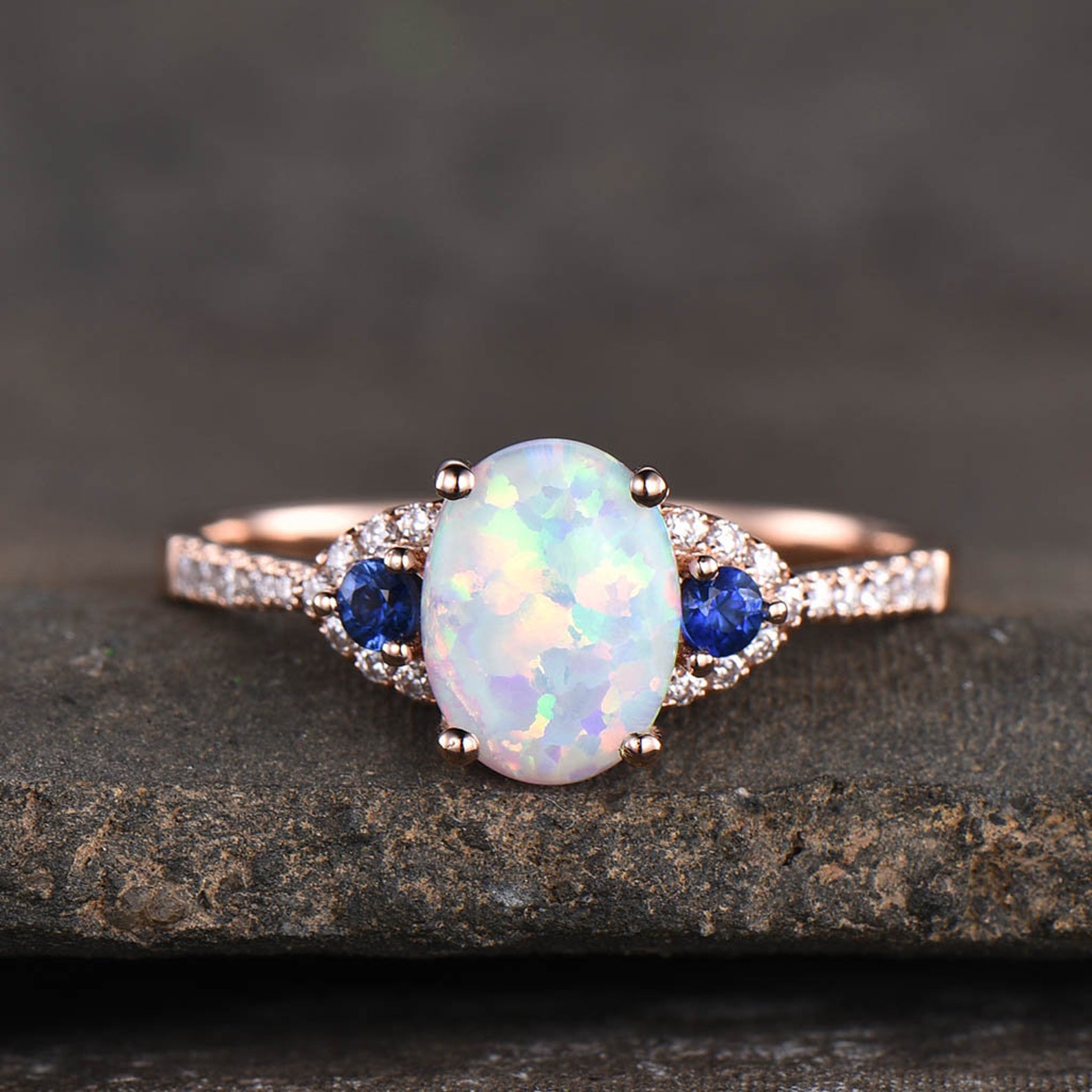 White Opal Ring Opal Sapphire Engagement Ring Rose Gold Women - Etsy
