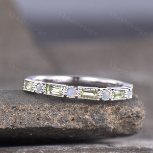 Peridot Opal Wedding Band Women Silver Stacking Band Half Eternity Baguette Band Unique Stacking Ring Matching Band Anniversary Ring Gift