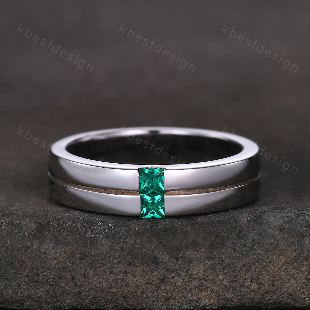 Mens Green Emerald Wedding Band, Princess Cut Double Green Emeralds — free download