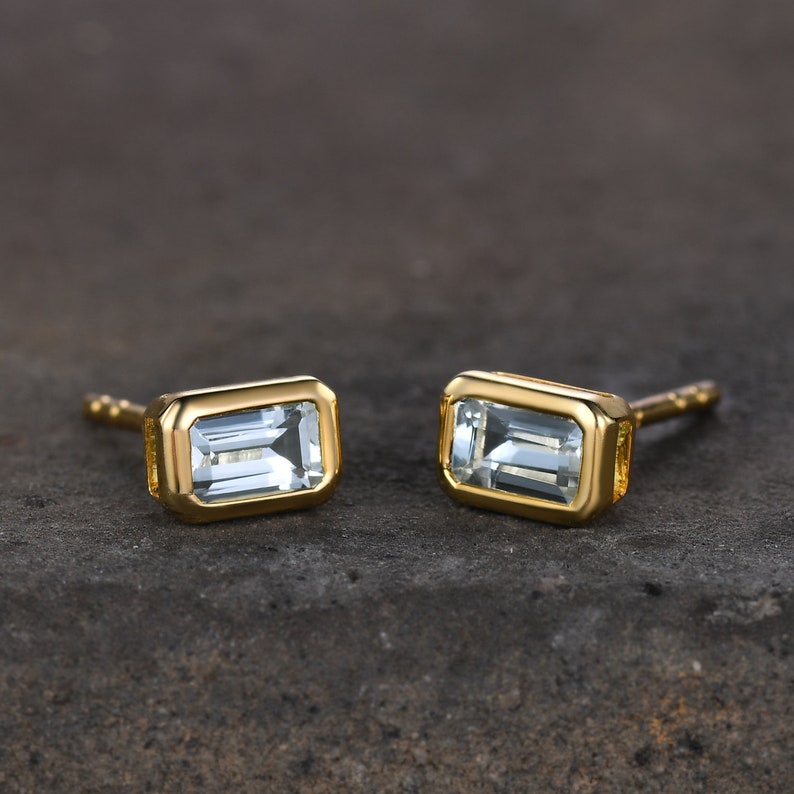 Bezel set Aquamarine Stud Earrings, 14K Gold Aquamarine Earrings, March Birthstone, Minimalist Earrings, Tiny Gold Stud Earrings, Handmade image 2