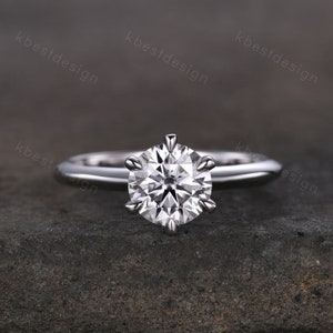 Bague de fiançailles ronde en moissanite de 1,2 carat, bague de fiançailles solitaire en or blanc 14 carats, classique, 6 griffes, bague de fiançailles nuptiale délicate, promesse d'anniversaire